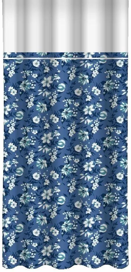 Modrý záves s potlačou bielych a modrých kvetov a bielym lemom Šírka: 160 cm | Dĺžka: 250 cm