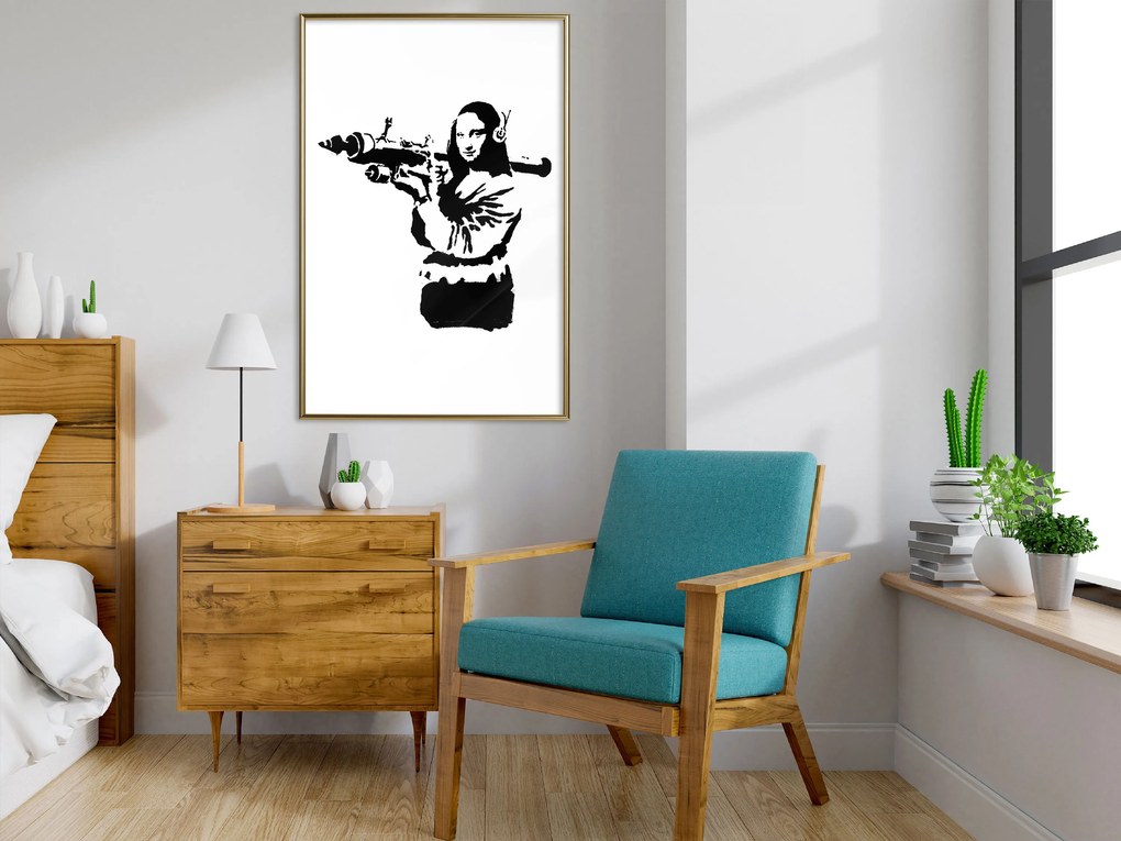 Artgeist Plagát - Banksy Mona Lisa with Rocket Launcher [Poster] Veľkosť: 30x45, Verzia: Čierny rám s passe-partout