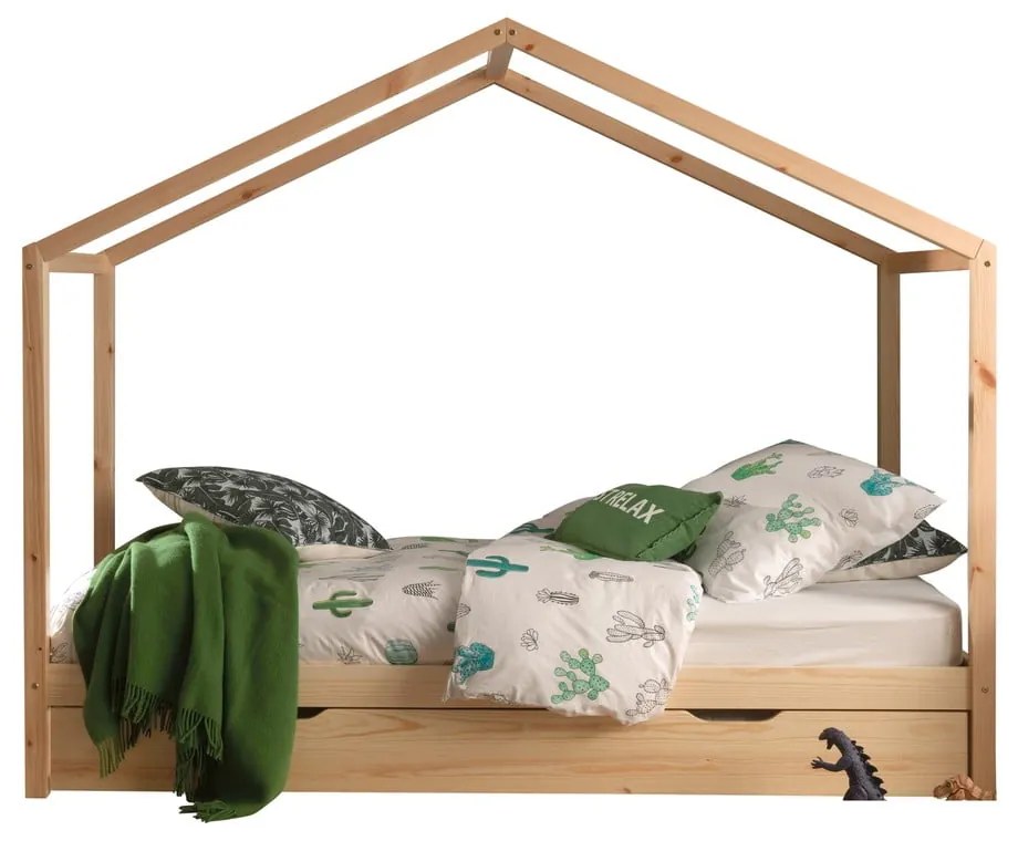 Domčeková detská posteľ z borovicového dreva s výsuvným lôžkom a úložným priestorom v prírodnej farbe 90x200 cm DALLAS – Vipack