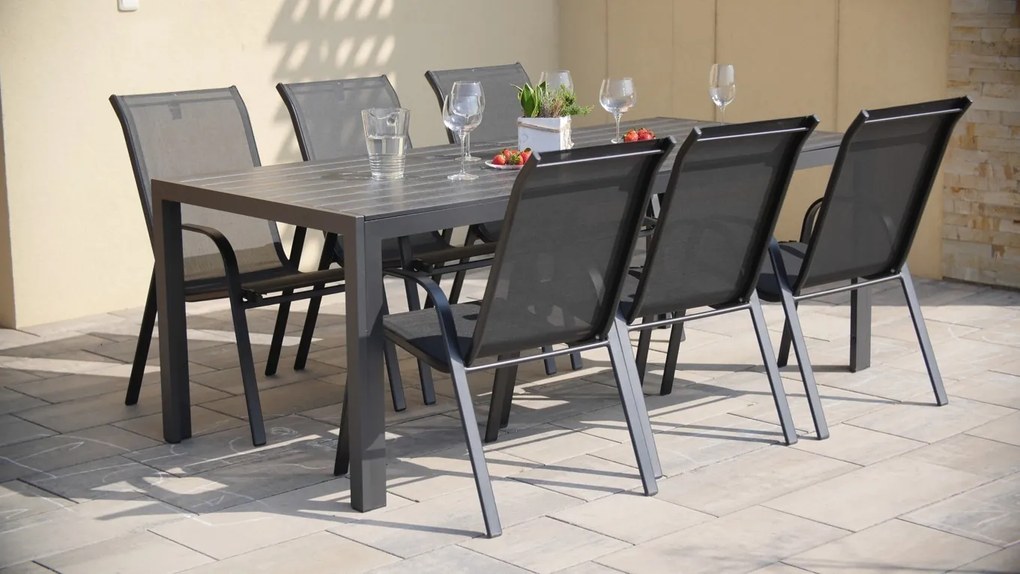 TEXIM Záhradná jedálenská zostava - stôl VIKING XL + 6x stolička RAMADA, hliník + umelé drevo / oceľ + textil
