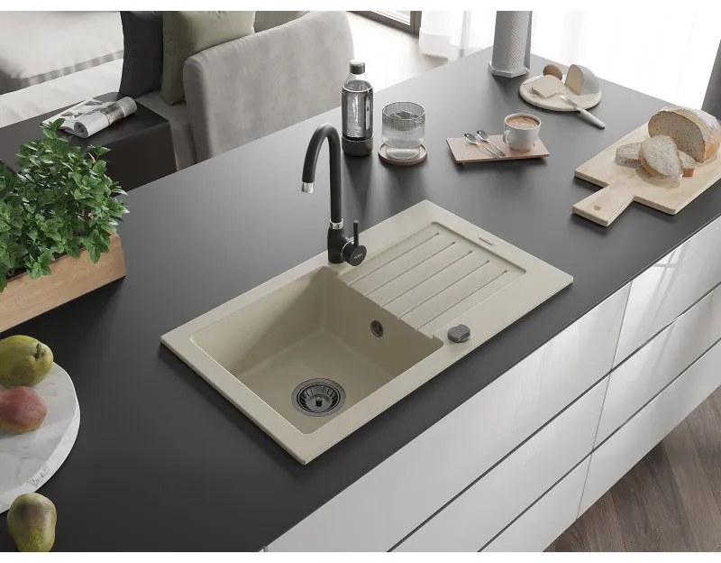Mexen Pablo, granitový drez 752x436x161 mm, 1-komorový a čierna batéria Telma, béžová, 6510-69-670200-70