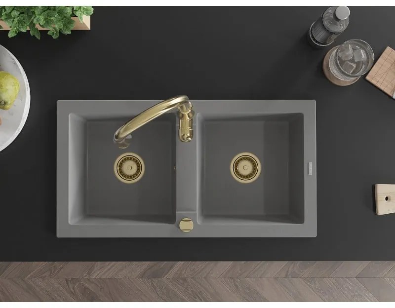 Mexen Mario, 2-komorový granitový drez 820x436x161 mm a drezová batéria Savita, šedá, 6504-71-672601-50