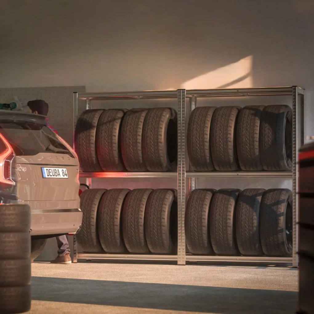 Regál na pneumatiky TYRE, 120x40x180cm, max 795kg, strieborná / bledohnedá Jurhan