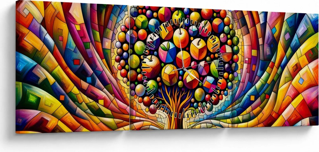 Obraz – Farebný strom s jablkami (s hodinami) (90x30 cm)
