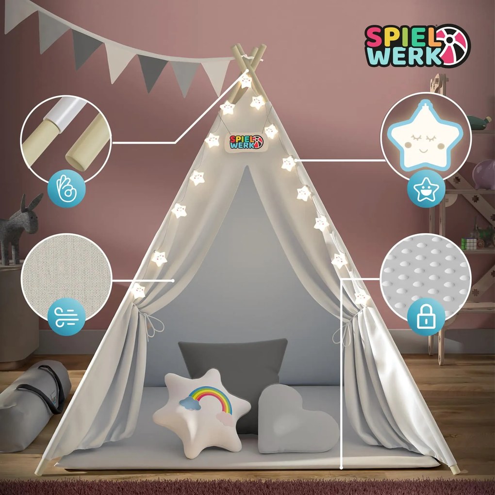 Spielwerk Detský stan teepee JULIUS, 120x120x160cm, biela/šedá