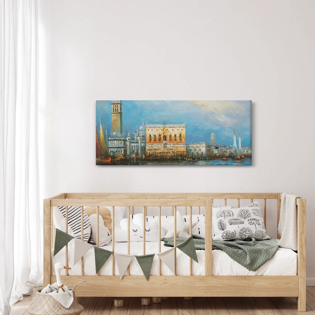 Obraz - Gondola prechádzajúca Benátkami, olejomaľba (120x50 cm)