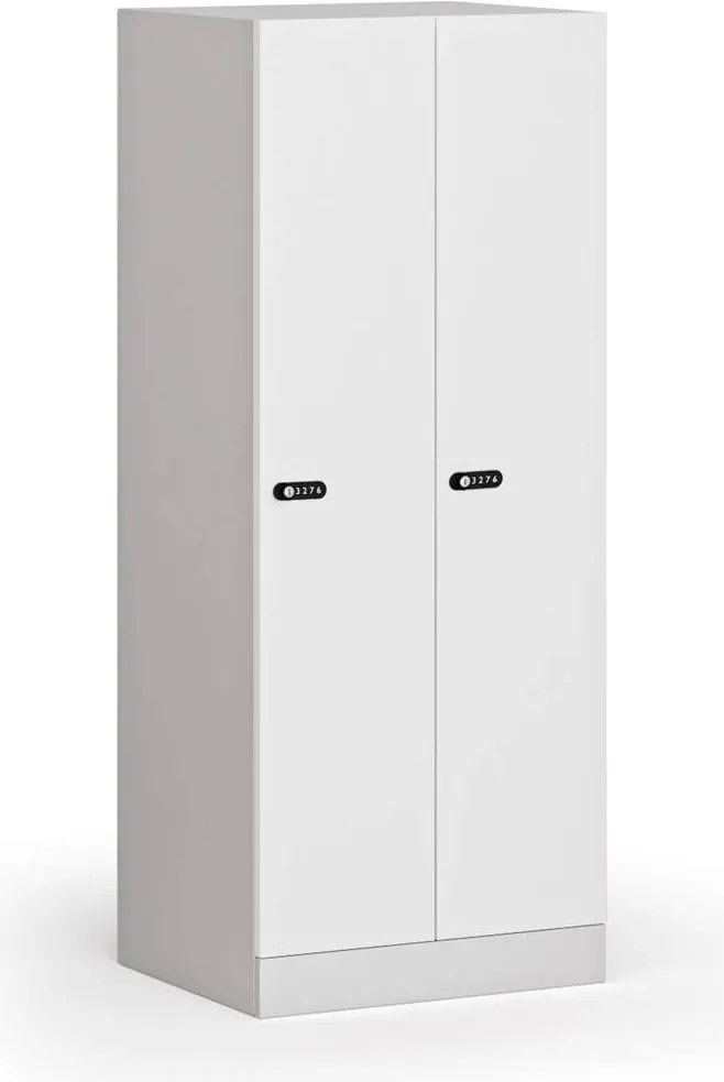 Šatníková skrinka S1 znížená, 2 oddiely, 1500 x 600 x 500 mm, demont, mechanický kódový zámok, laminované dvere, biela