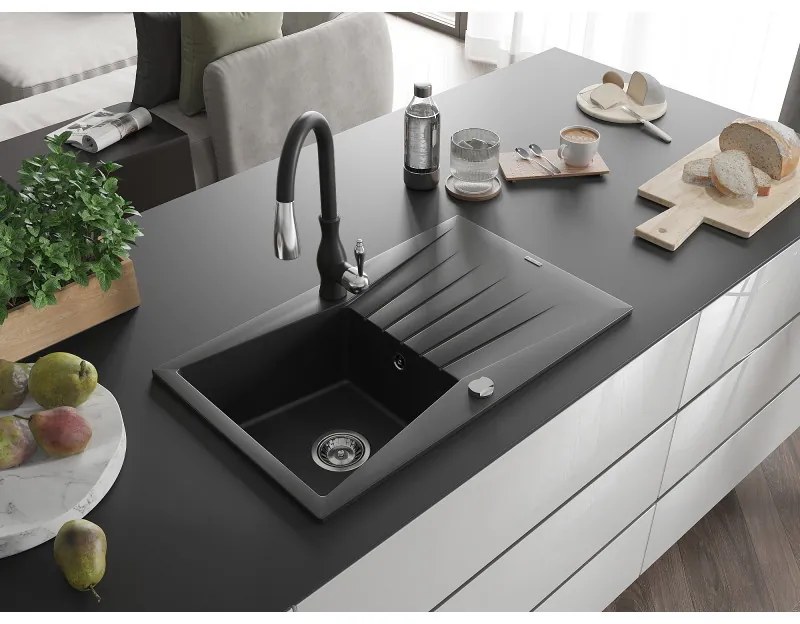 Mexen Cesar, 1-komorový granitový drez 775x470x190 mm a drezová batéria Savita, čierna, 6514-77-672601-70