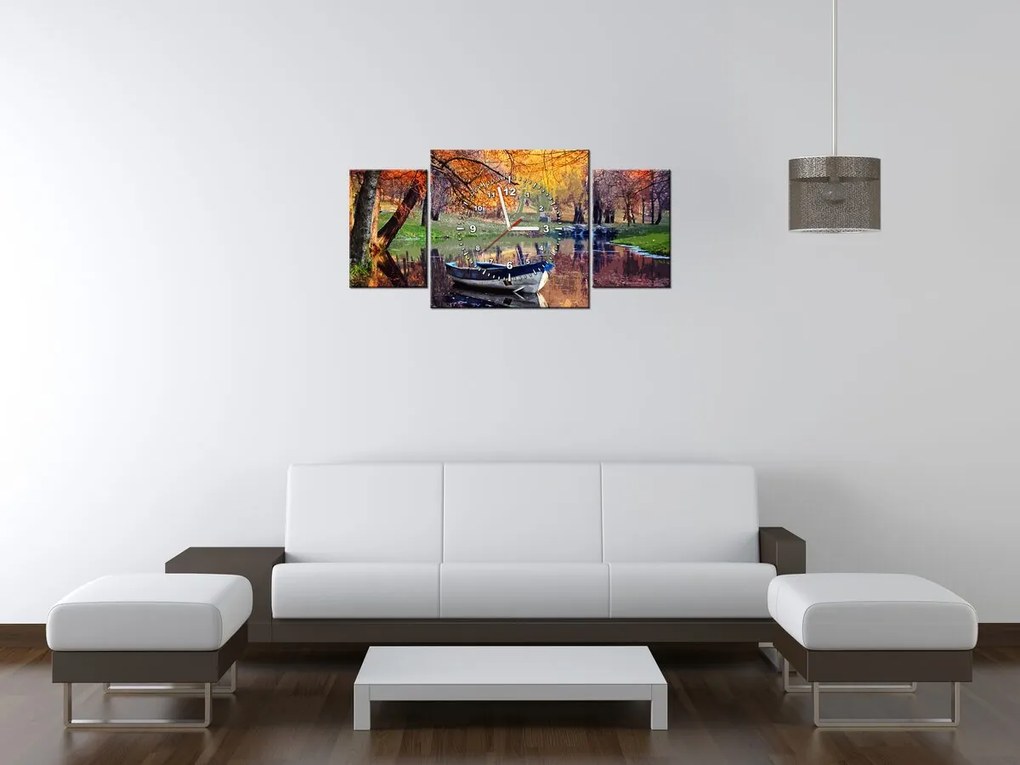 Gario Obraz s hodinami Romantické miesto pri jazere - 3 dielny Rozmery: 80 x 40 cm