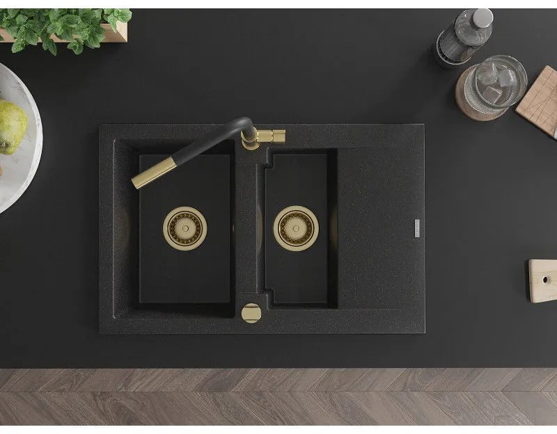 Mexen Gaspar, 1,5-komorový granitový drez 737x475x177 mm a drezová batéria Flora, čierna-strieborná metalíza, 6507-73-670401-57-G