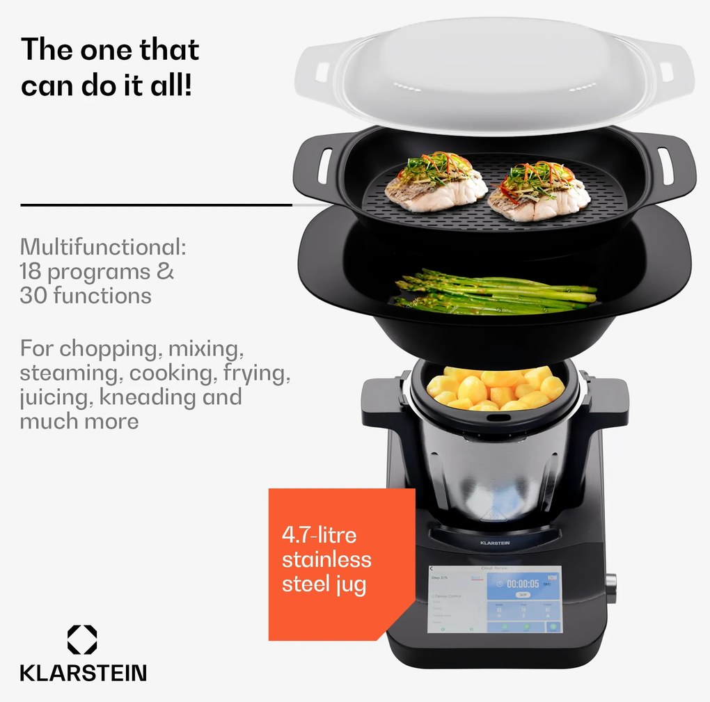 Klarstein Aria Grande Smart, kuchynský robot, 1700 W, 4,7 l, ovládanie cez aplikáciu, parný nástavec, 7' TFT displej