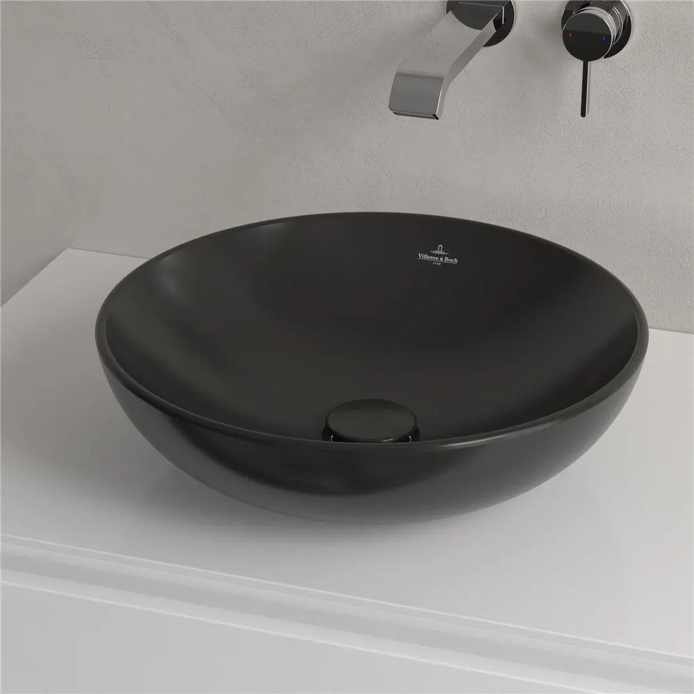 VILLEROY &amp; BOCH Loop &amp; Friends okrúhle umývadlo na dosku bez otvoru, bez prepadu, priemer 420 mm, Ebony, s povrchom CeramicPlus, 4A4601S5