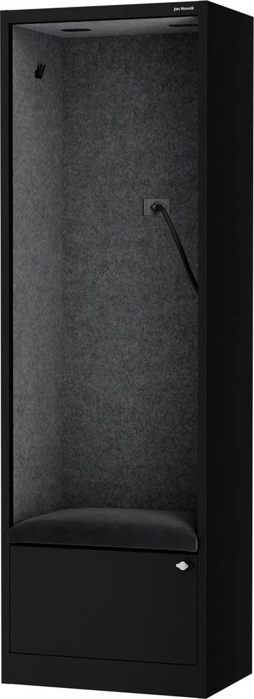 Skriňa so sedadlom a zónou ticha SALLY MentalBox, čierna konštrukcia, tmavošedé sedadlo, 1850 x 600 x 400 mm