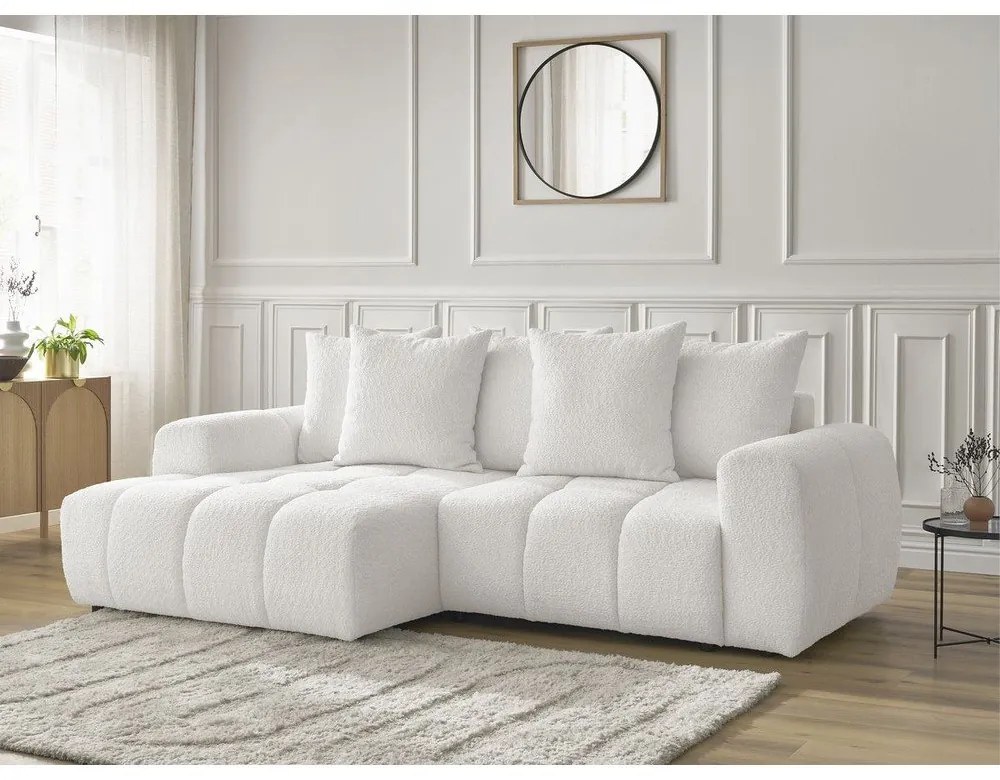 Biela rozkladacia/s úložným priestorom rohová pohovka z textílie buklé (ľavý roh/s leňoškou) Roxelane – Bobochic Paris