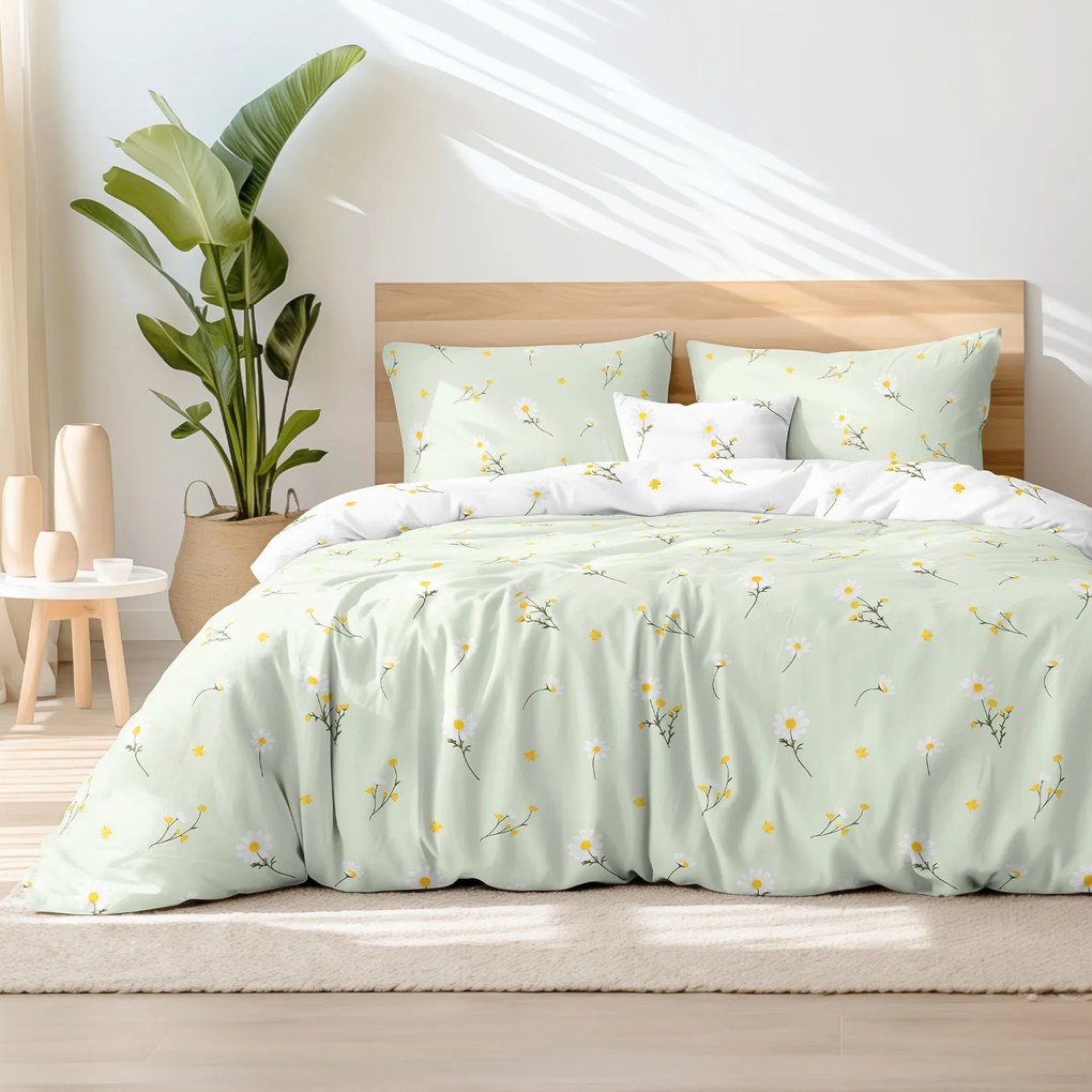 Goldea bavlnené posteľné obliečky - harmanček so svetlo zelenou 200 x 200 a 2ks 70 x 90 cm (šev v strede)