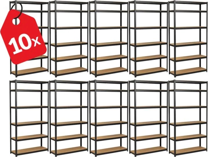 Akcia 10x Regál 220x120x50 cm lakovaný 6-policový, nosnosť 1050 kg - čierny