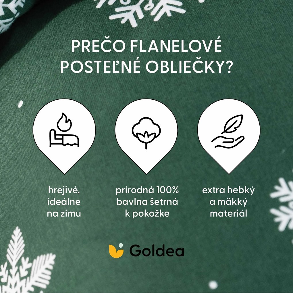 Goldea flanelové posteľné obliečky - snehové vločky na zelenej 150 x 200 a 50 x 60 cm