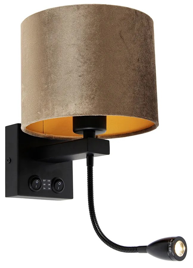 Nástenná lampa čierna s hnedým zamatovým tienidlom 18 cm - Brescia