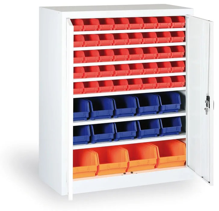 Skriňa s plastovými boxami BASIC - 1150 x 400 x 920 mm, 32xA/12xB/4xC, sivá/modré dvere
