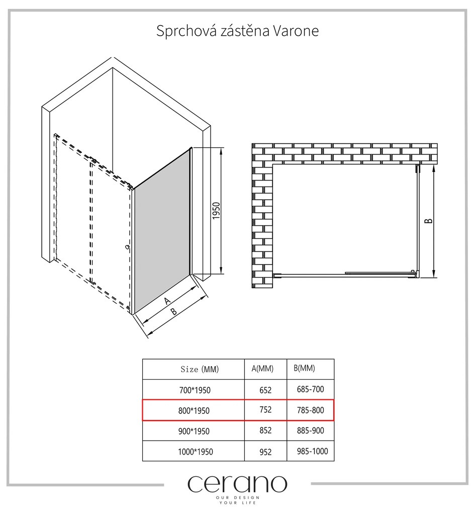 Cerano Varone, pevná sprchová stena 80x195 cm, 6mm číre sklo, čierny profil, CER-CER-DY505B-80-195-SG