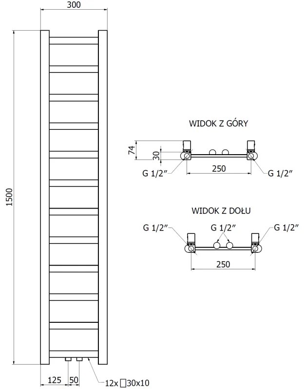 Mexen Bolt, vykurovacie teleso 1500 x 300 mm, 295 W, spodné a stredové, čierna, W126-1500-300-00-70