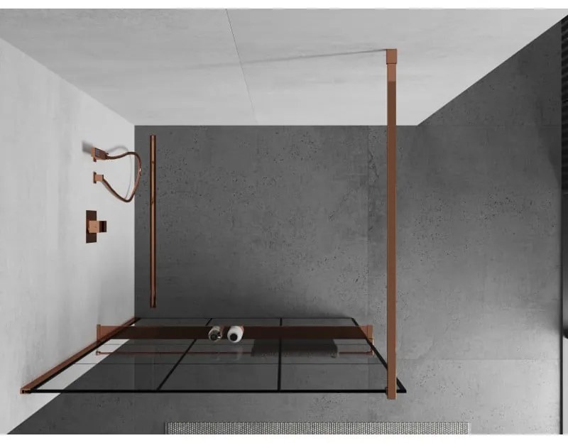 Mexen Kioto, sprchová zástena s poličkou a držiakom na uteráky 120 x 200 cm, 8mm číre sklo s čiernym vzorom, profil ružové zlato, 800-120-121-60-77