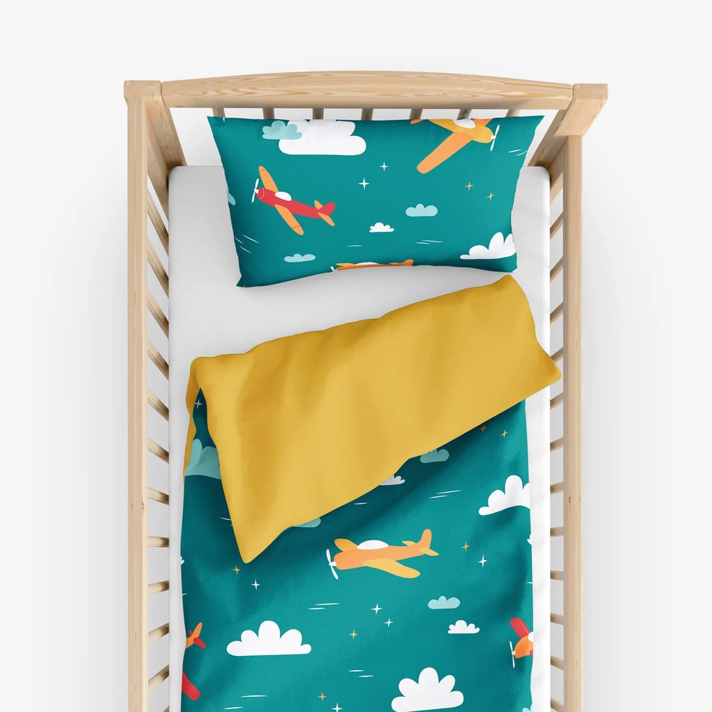 Goldea detské bavlnené obliečky do postieľky duo - letecké dobrodružstvo s medovo žltou 90 x 140 a 40 x 60 cm