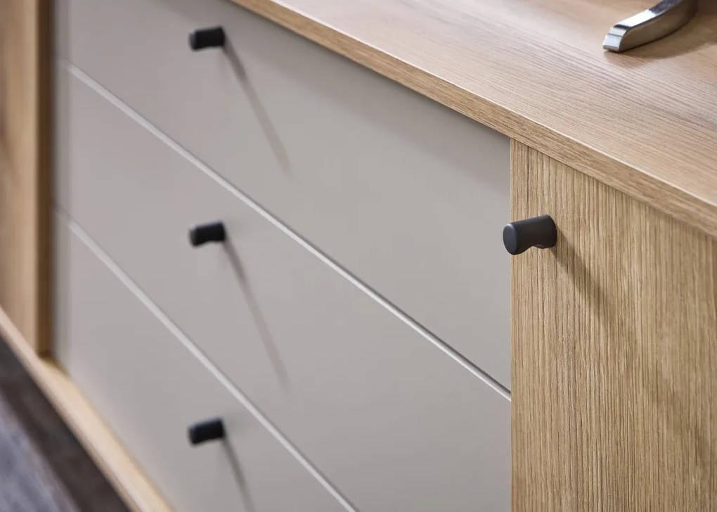 Široká TV skrinka Cube, dub evoke / pieskovo šedá