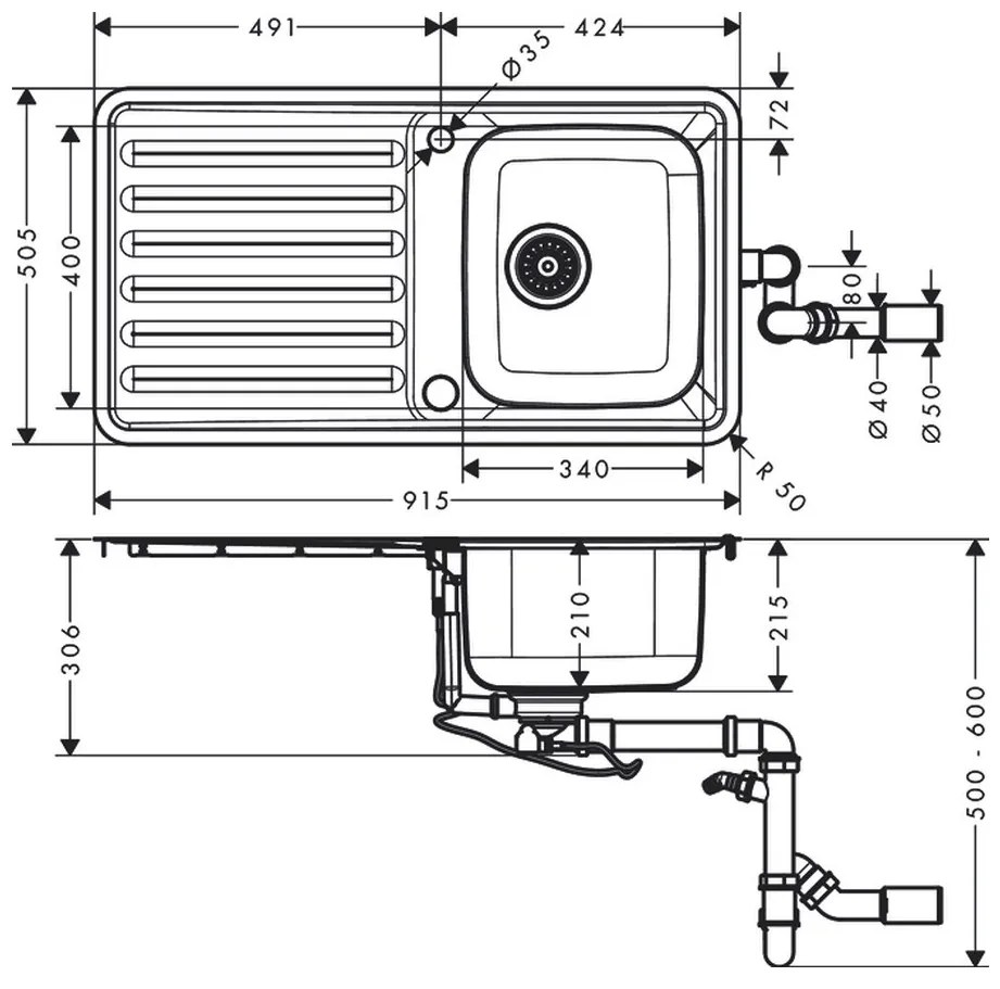 Hansgrohe S41 - S4113-F340 Vstavaný drez 340/400 s odkvapkávačom, nerezová oceľ 43337800