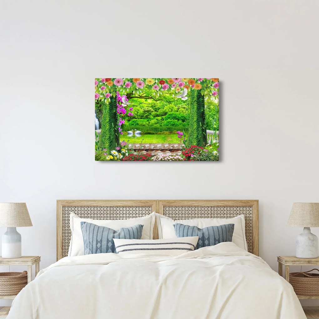 Obraz - Čarovná záhrada s labuťami (90x60 cm)