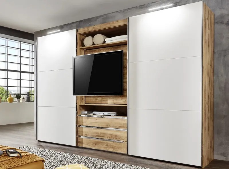 Šatníková skriňa s TV panelom Magic, doskový dub/biela