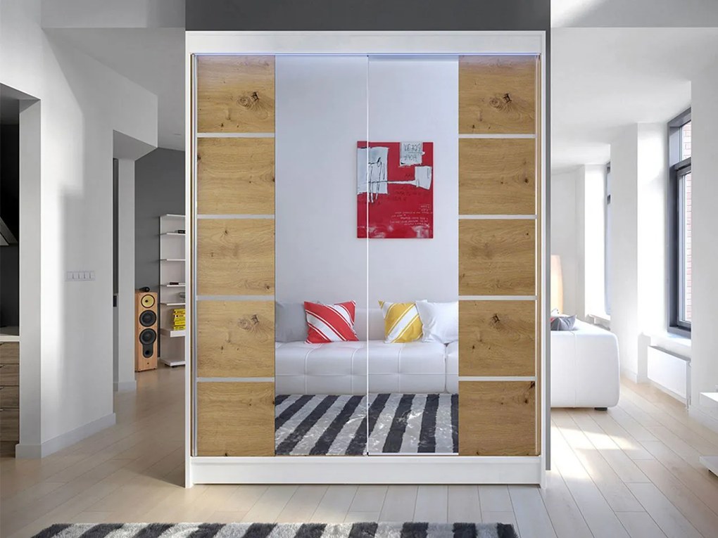 Posuvná skriňa Belgia V, Farby: biela / čierna + zrkadlo, Osvetlenie: osvetlenie LED RGB - farebné