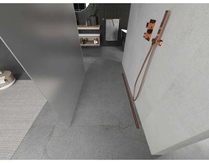 Mexen Kioto, priechodná sprchová zástena 110 x 200 cm, 8mm sklo námraza, 2x ružové zlato stabilizačná rozpera, 800-110-002-60-30