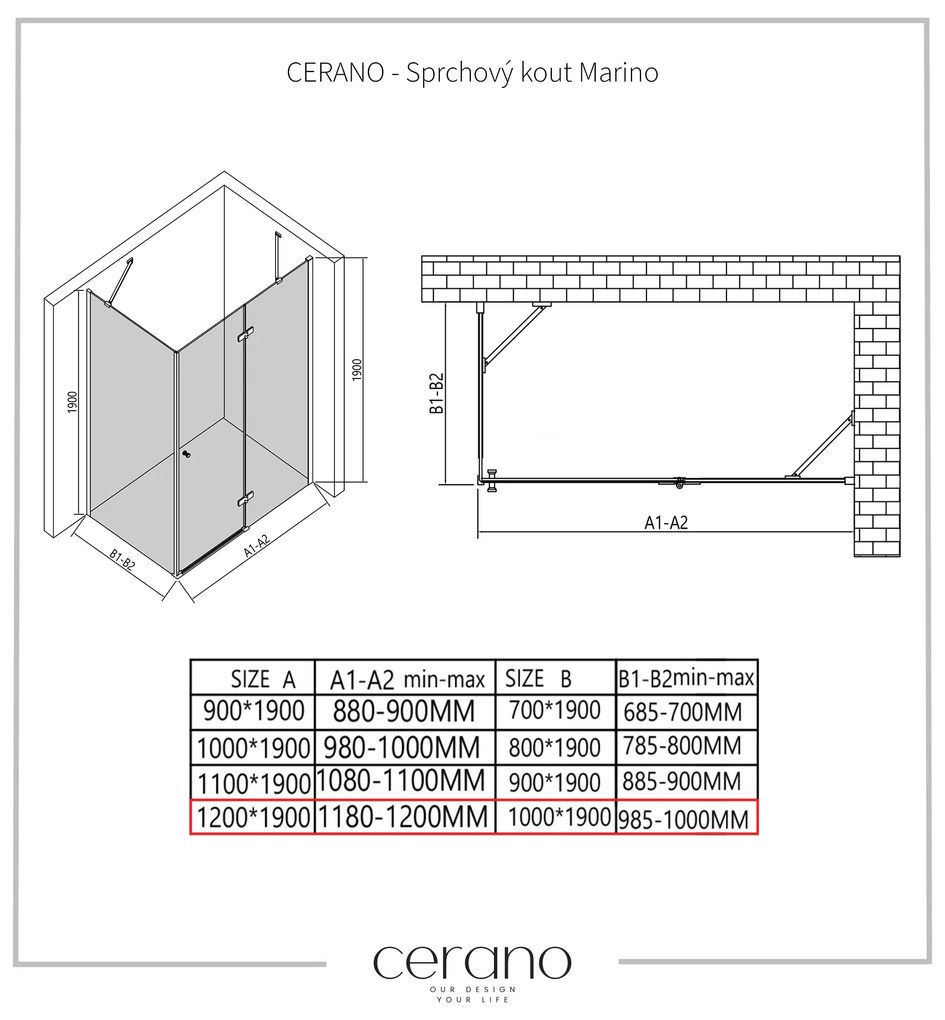 Cerano Marino, sprchovací kút 120(dvere) x 100(stena) x 190 cm, 6mm číre sklo, čierny profil, CER-CER-422907