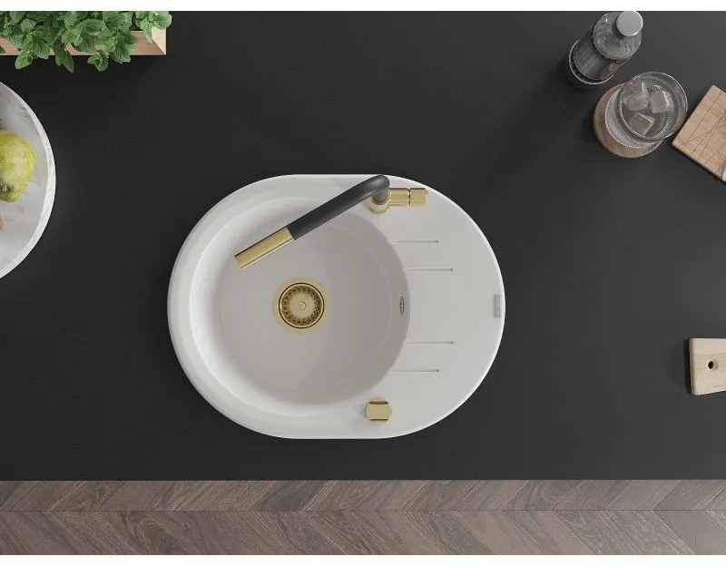 Mexen Kevin, 1-komorový granitový drez 586x458x190 mm a drezová batéria Flora, biela, 6517-20-670401-57-G