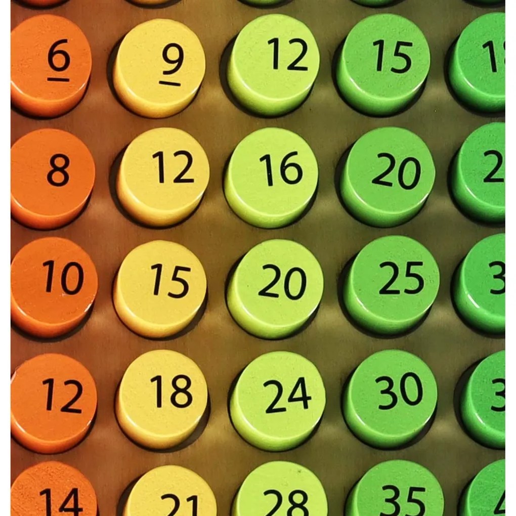 KIK Drevená vzdelávacia tabuľka násobenia – farebné krúžky, 100 dielov, 3+