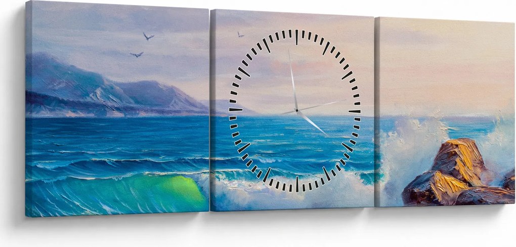 Obraz vĺn narážajúcich na útesy, olejomaľba (s hodinami) (90x30 cm)