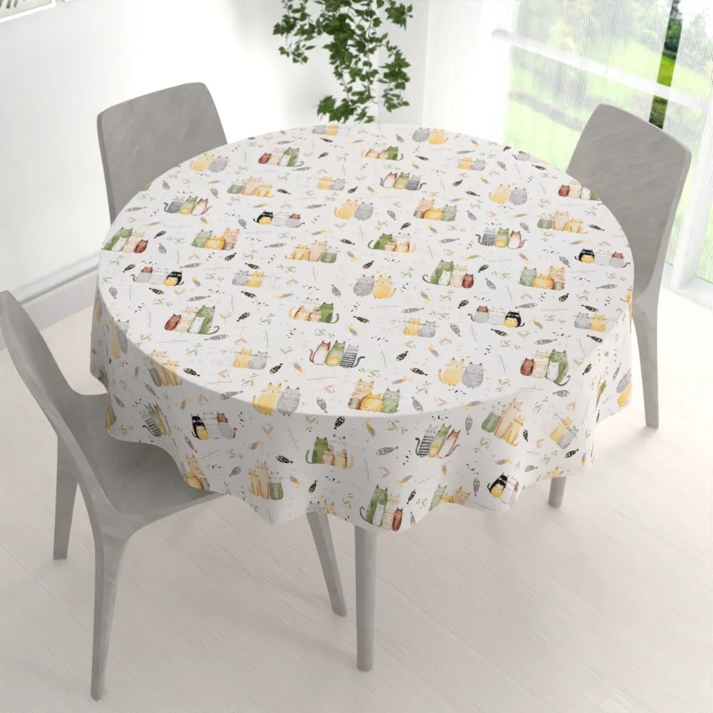 Biante Detský bavlnený okrúhly obrus Sandra SA-652 Mačací svet zeleno-žltý na bielom Ø 80 cm