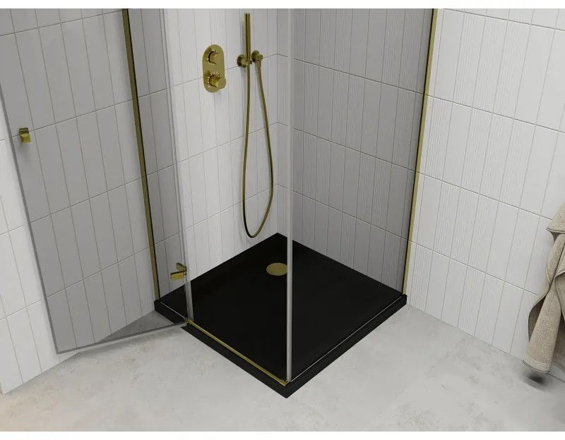 Mexen Roma, sprchovací kút s 1-krídlovými dverami 90 (dvere) x 90 (stena) cm, 6mm číre sklo, zlatý profil, slim sprchová vanička 5cm čierna, 854-090-090-50-00-4070G