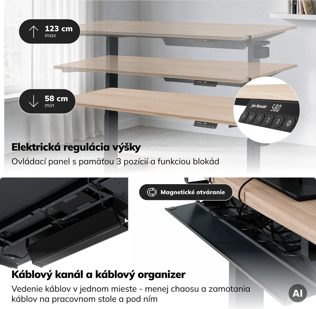 Elektrický stôl s reguláciou výšky ergonomický antracitový/dub sonoma,1600x800 mm: ARIA