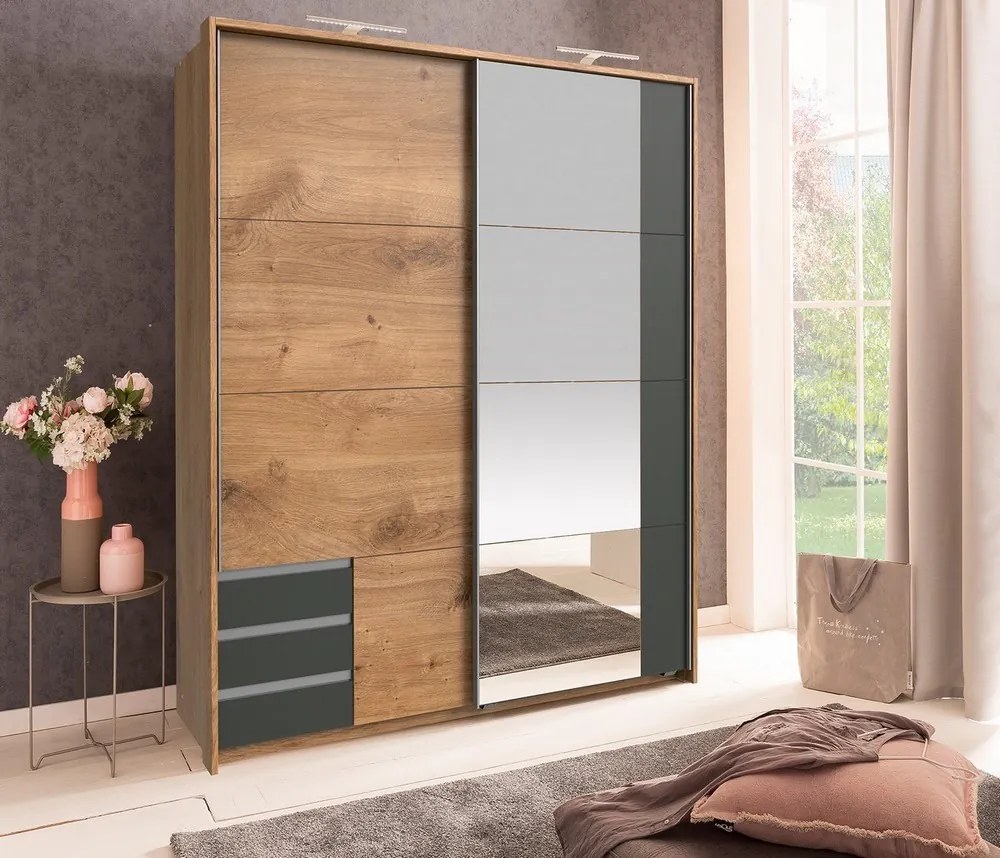 Šatníková skriňa so zrkadlom Emden, 135 cm, doskový dub/grafit