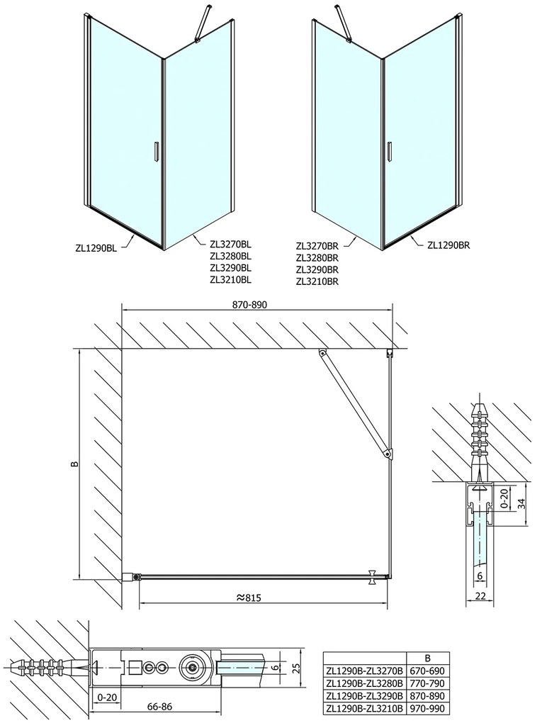 Polysan Polysan, Zoom Line Black obdĺžniková sprchová zástena 900x800mm L/P varianta, ZL1290BZL3280B