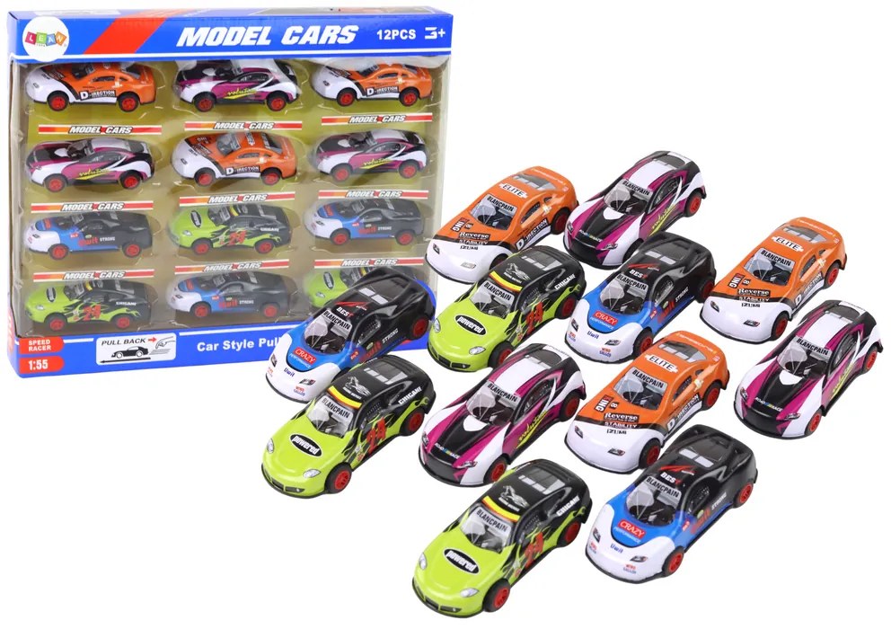 LEAN TOYS Sada farebných športových áut 1:55 s trecím pohonom – 12 kusov