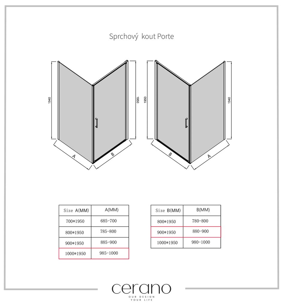 Cerano Porte, 1-krídlový sprchovací kút 90x100 cm, 8mm číre sklo, chrómový profil, CER-CER-413522