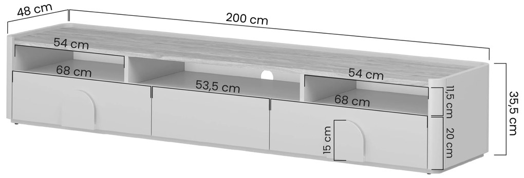 TV stolík Amilio 200 cm so zásuvkami - kašmír / olejovaný dub / úchytky svetlý dub
