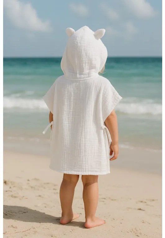 Detské mušelínové pončo s uškami – biele, 100 % bavlna Veľkosť: M: 3-7 Y