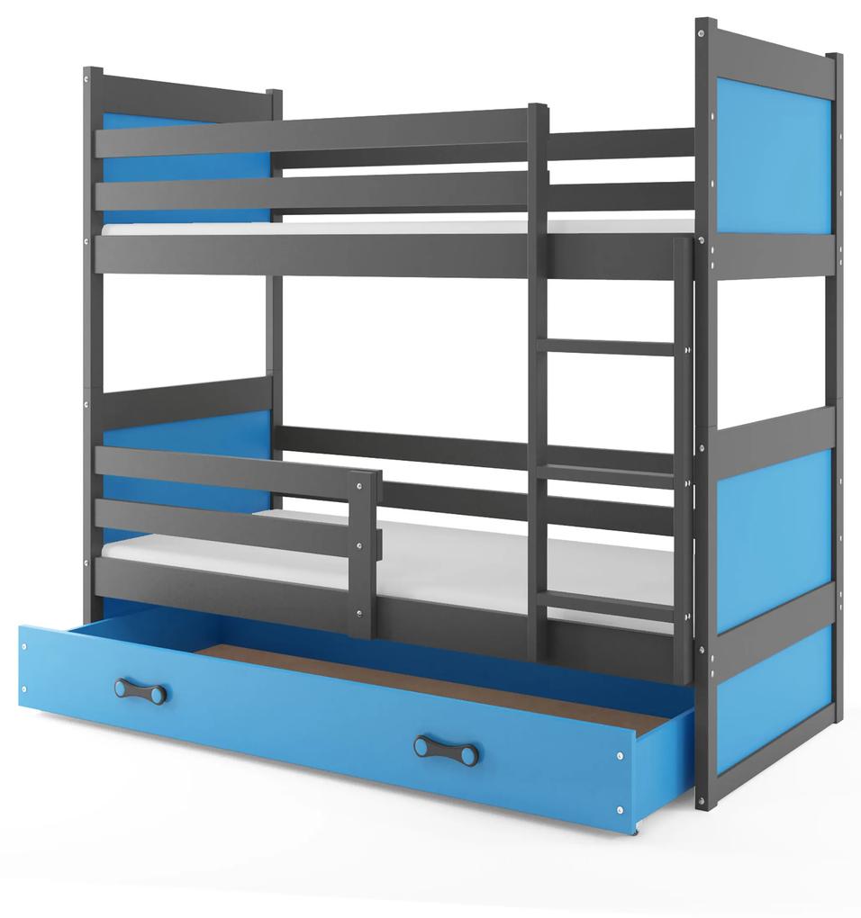 Poschodová posteľ 80 x 190 cm Ronnie B (grafit + modrá) (s roštami, matracmi a úl. priestorom). Vlastná spoľahlivá doprava až k Vám domov. 1056607