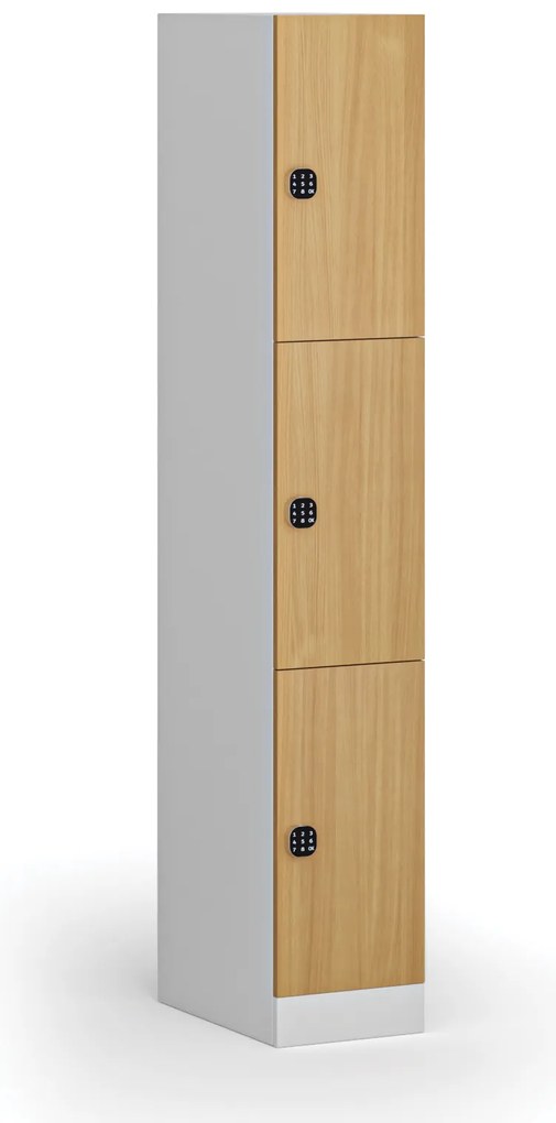 Šatníková skrinka S1 s úložnými boxmi, 3 boxy, 1850 x 300 x 500 mm, demont, kódový zámok, laminované dvere, buk