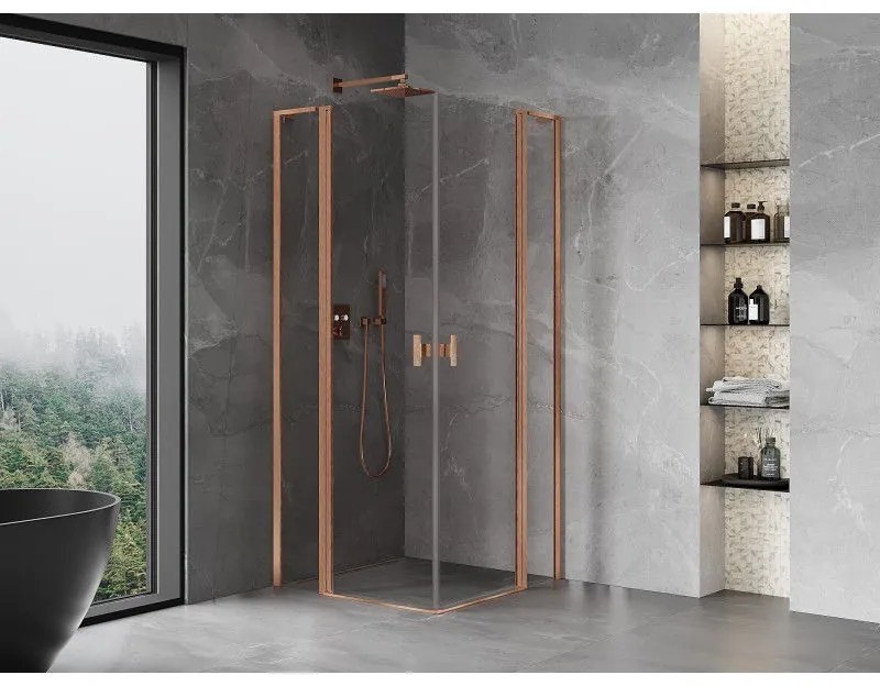 Mexen, Mexen Mist L Duo sklápací sprchový kút 120 x 120 cm, transparentný, brúsená meď - 8A4L-120-120-65-00