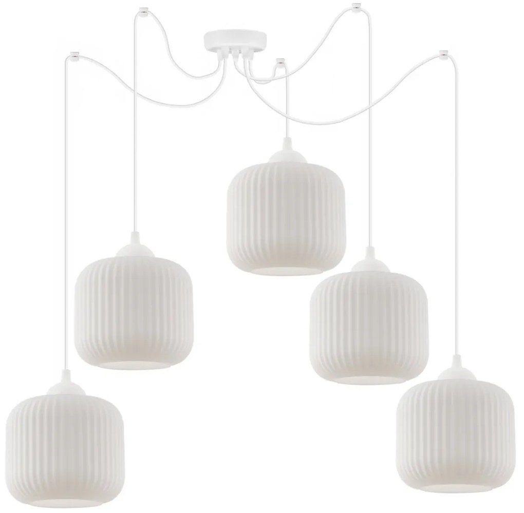 Závesné svietidlo Riffle Spider, 5x biele sklenené tienidlo, w